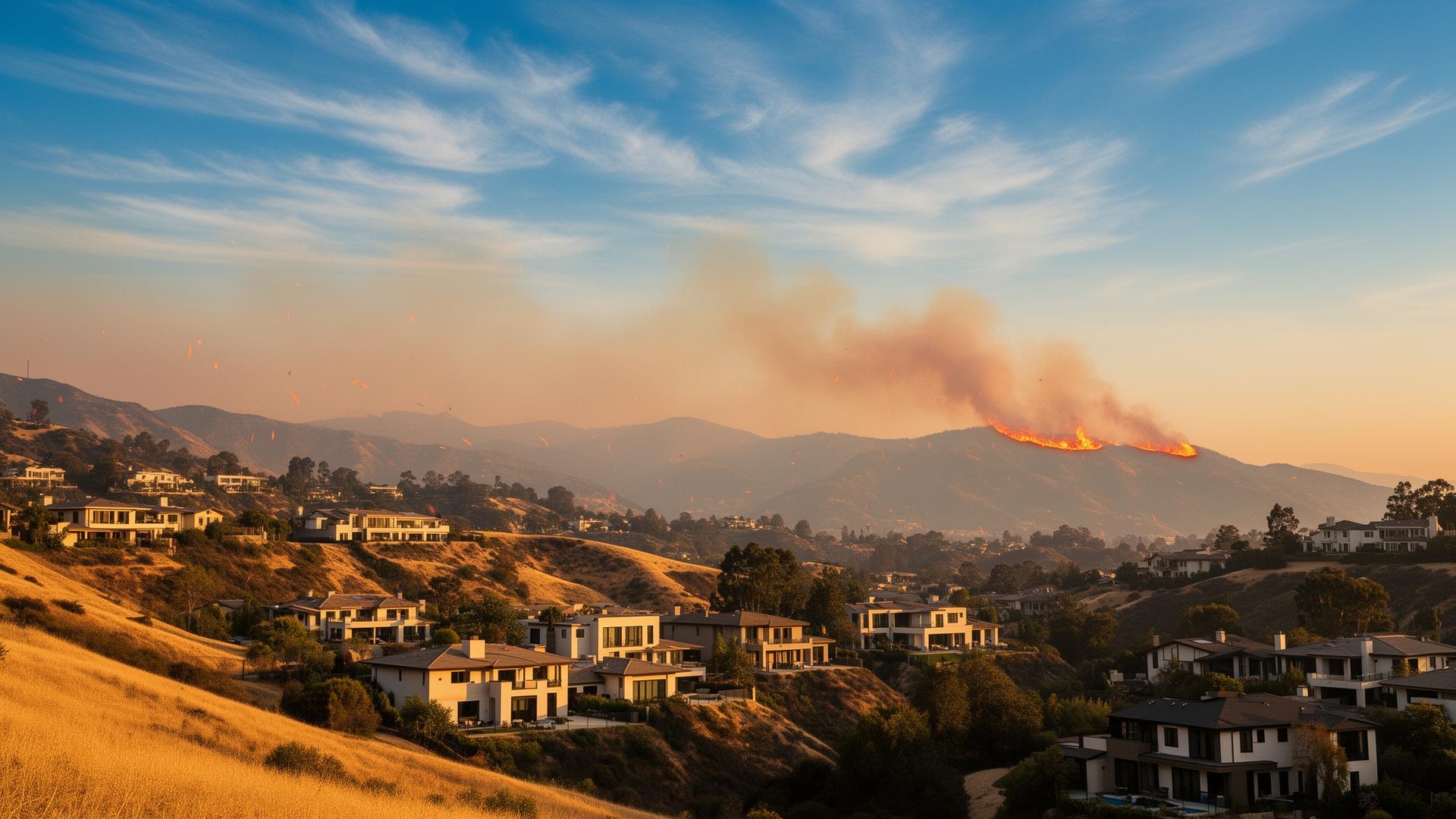 California hillside home at dusk with embers floating through smoky air