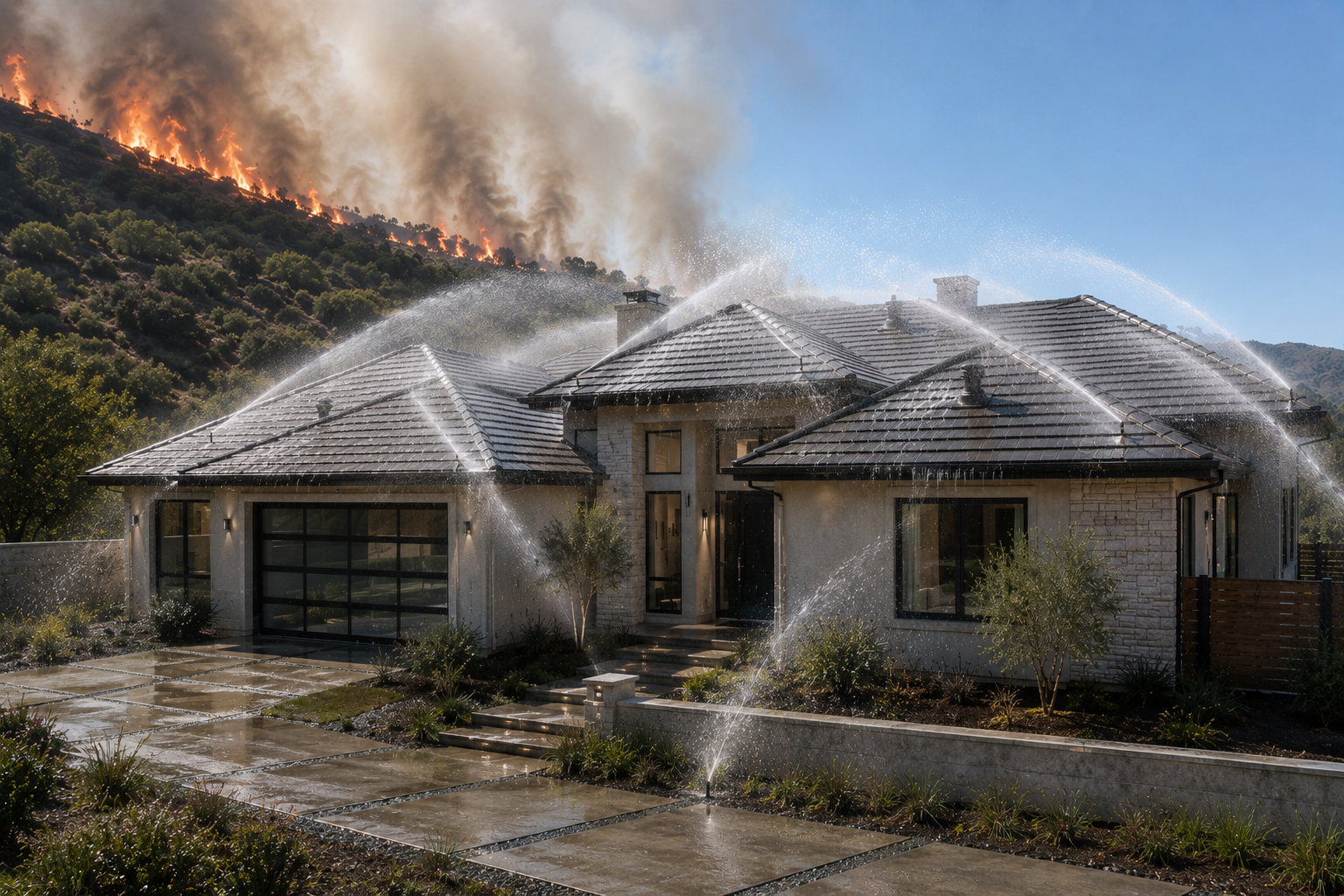 Home with automatic exterior roof and eave sprinkler system activated as a wildfire burns on the ridge behind.